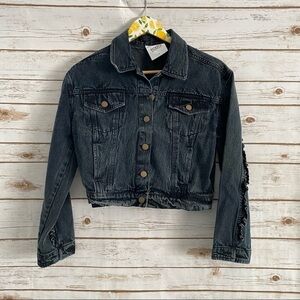 KOOVS Black Acid Wash Denim Jacket Ruffle Small